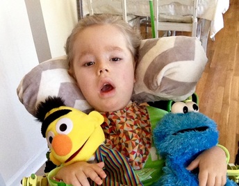 Max sitting up in his adaptive wheelchair seat holding two Sesame Street puppets (Bert and Cookie Monster)